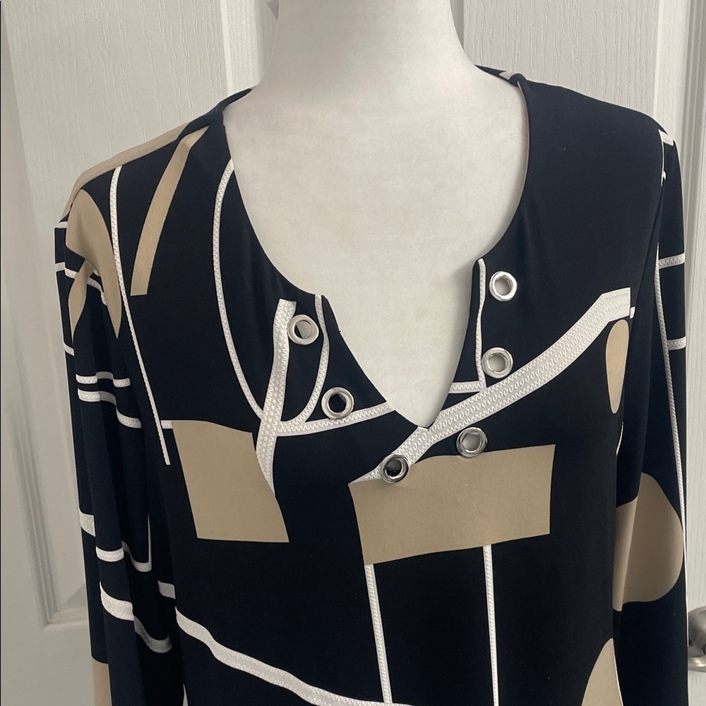 Joseph Ribkoff Black/Tan Geometric Blouse/Tunic V Neck 3/4 Sleeve Sz US14 - Picture 2 of 15